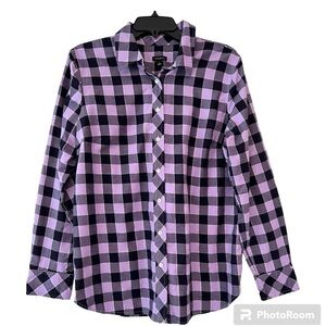 Talbots Cotton Button Front Shirt - Lumiere Plaid Metallic Size Large